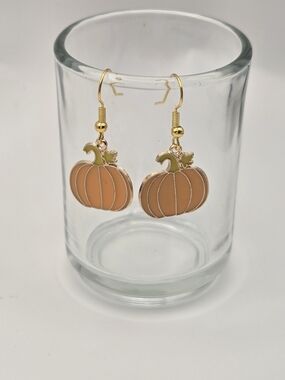 Gold-Tone Orange Pumpkin Drop Earrings — Festive Fall Dangles